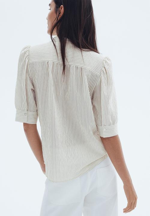 H&M - Puff-sleeved blouse - cream striped