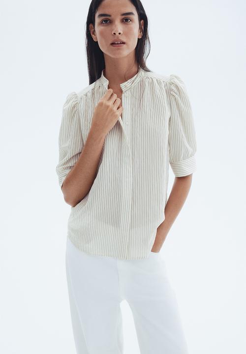 H&M - Puff-sleeved blouse - cream striped