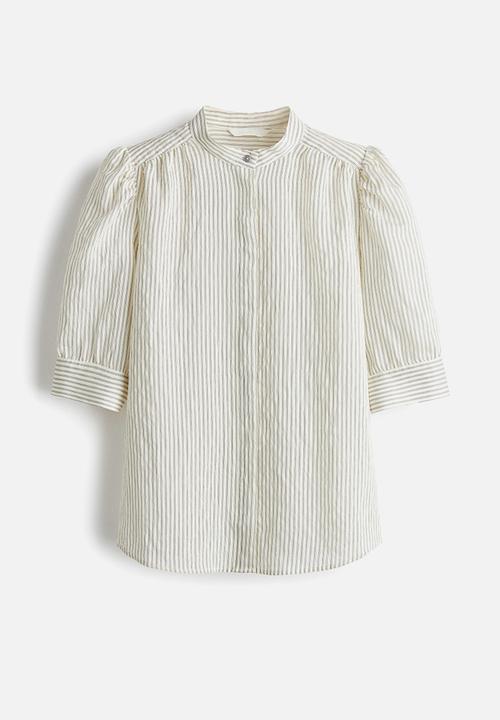 H&M - Puff-sleeved blouse - cream striped