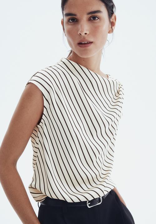 H&M - Cap-sleeved satin blouse - cream striped