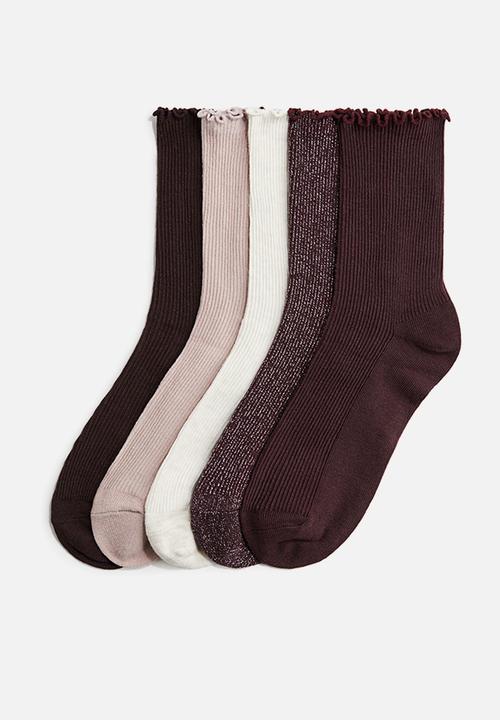 5 pack rib-knit socks - burgundy glittery