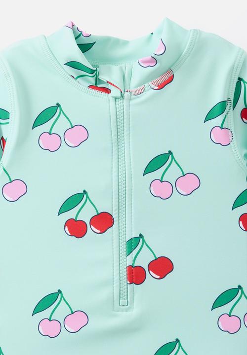 Cotton On - Lucy long sleeve ruffle back swimsuit-blue aura/cherries