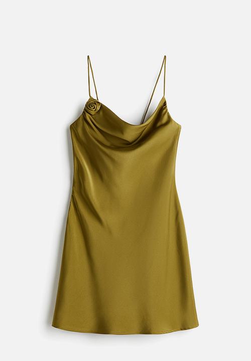 H&M - Tie-detail satin slip dress - golden olive