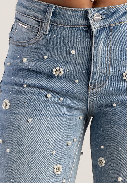 SISSY BOY - Leona Mid Waist Modern Stovepipe With Riveted Pearls And Diamantes - Light Vintage