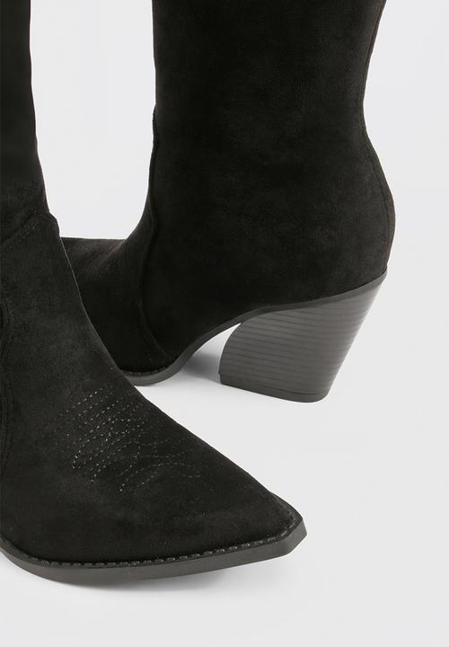 boohoo - Faux suede calf high western boots - black