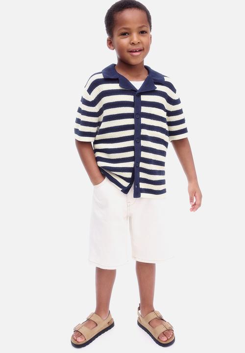 H&M - Knitted resort shirt - navy blue & white striped