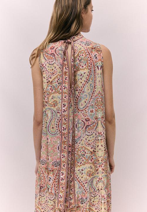 H&M - A-line tie-neck dress - orange/paisley pattern