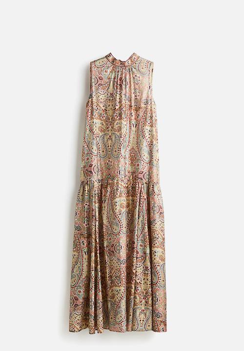 H&M - A-line tie-neck dress - orange/paisley pattern