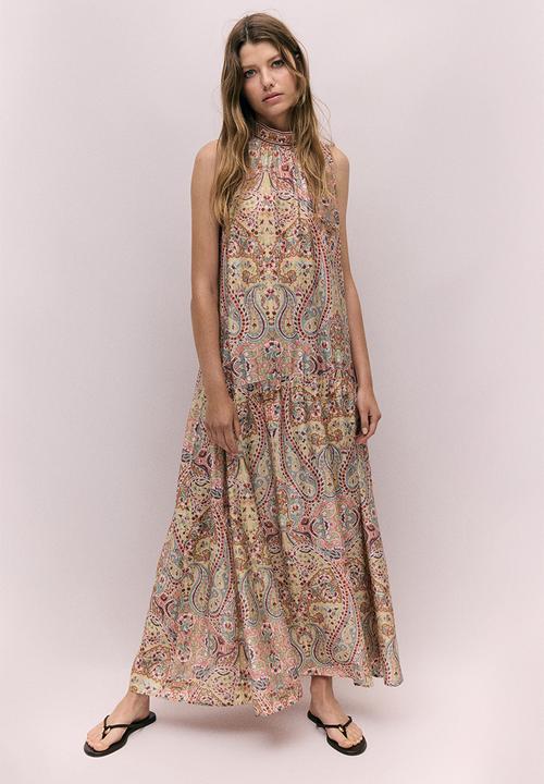H&M - A-line tie-neck dress - orange/paisley pattern
