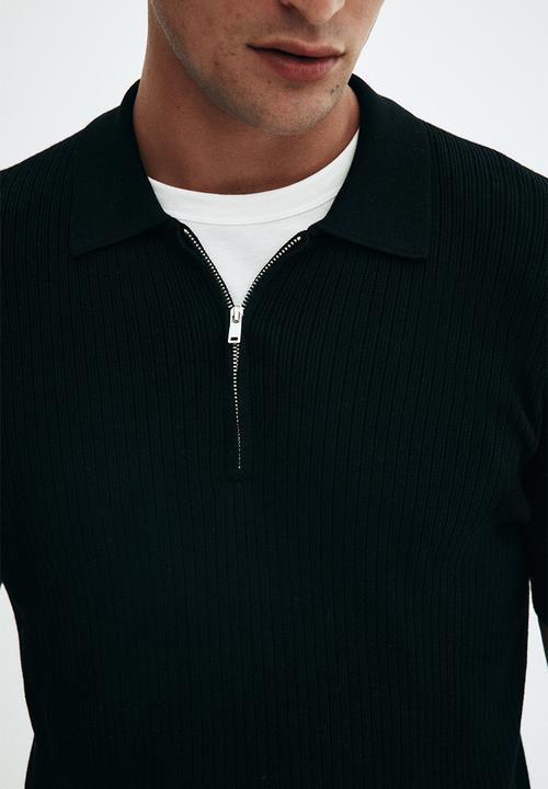 H&M - Slim fit zip-top polo shirt - black