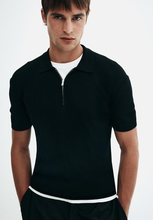 H&M - Slim fit zip-top polo shirt - black