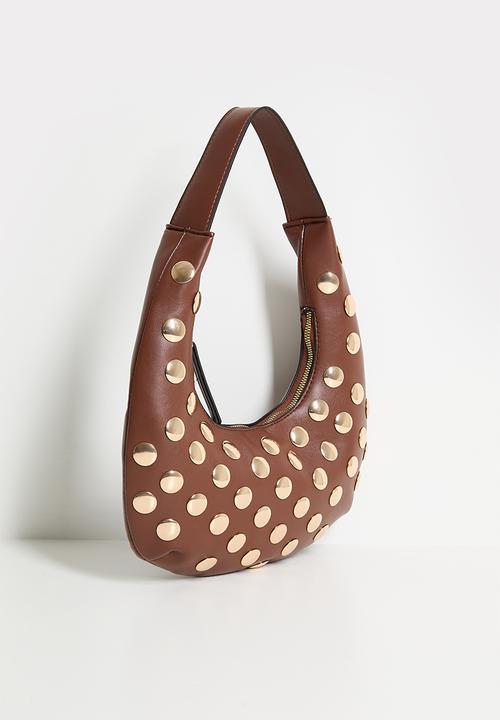 boohoo - Half Moon Studded Leather Look Shoulder Bag - Chocolate