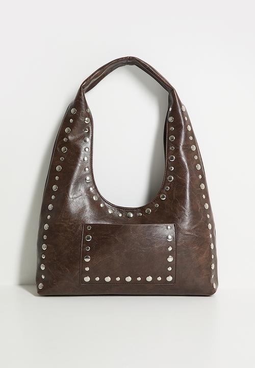 【Old Folk House】Studs Shoulder Bag Stud Trim Distressed Slouchy Shoulder Bag - chocolate
