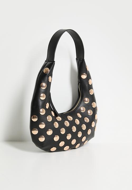 boohoo - Half Moon Studded Leather Look Shoulder Bag - black