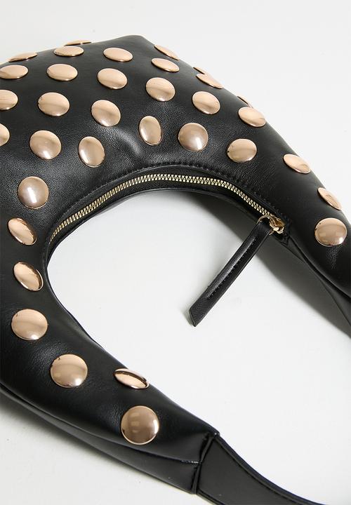 boohoo - Half Moon Studded Leather Look Shoulder Bag - black