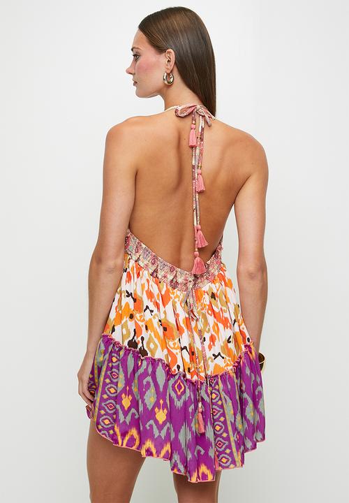 MANDI - Upcycled Babydoll Mini Dress One Off Print Cuts - Multi