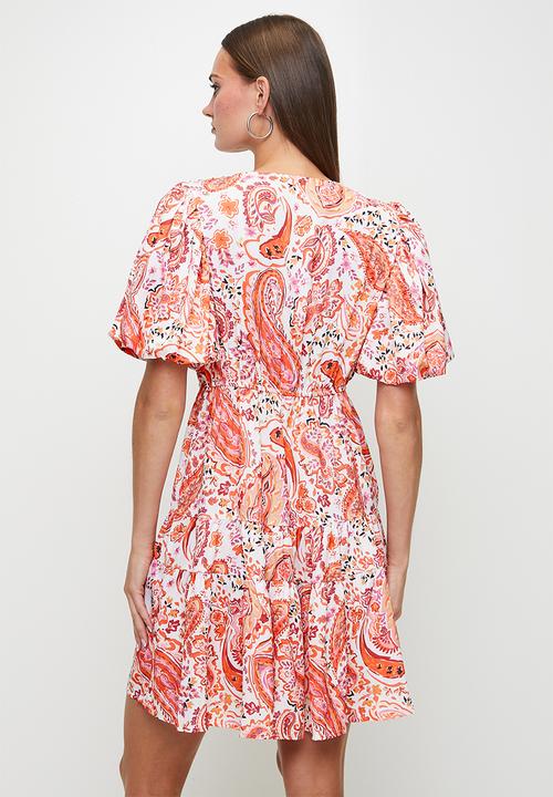 Izabel London - V-Neck Puff S/Slve Midi Dress With Embellishment - Multi Orange