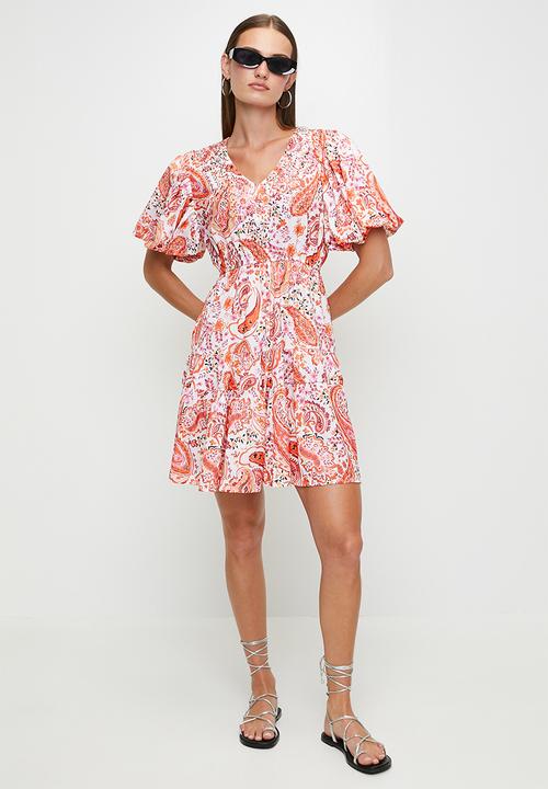 Izabel London - V-Neck Puff S/Slve Midi Dress With Embellishment - Multi Orange