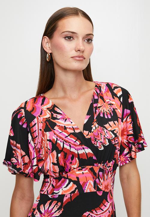 Izabel London - S/Slve Flutter V-Neck Crossover Wrap Maxi Dress - Multi Black