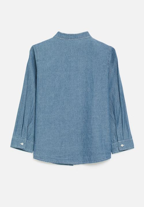 Pop Candy - Chinese collar chambray denim shirt - blue
