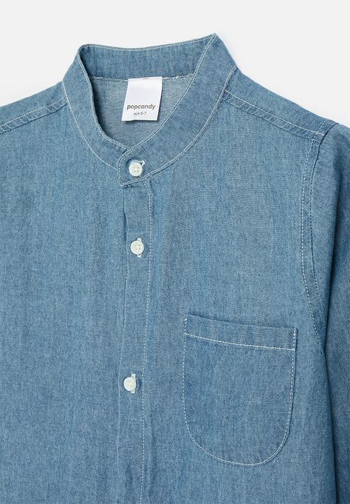 Pop Candy - Chinese collar chambray denim shirt - blue