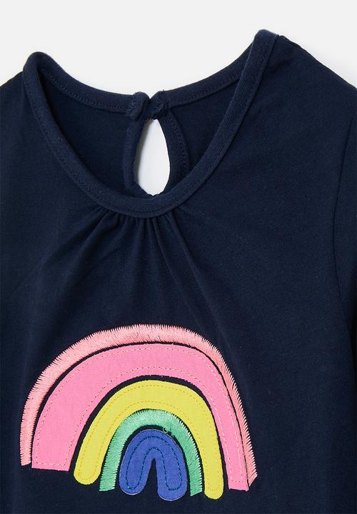 Pop Candy - Rainbow applique and embroidery tee with keyhole - navy