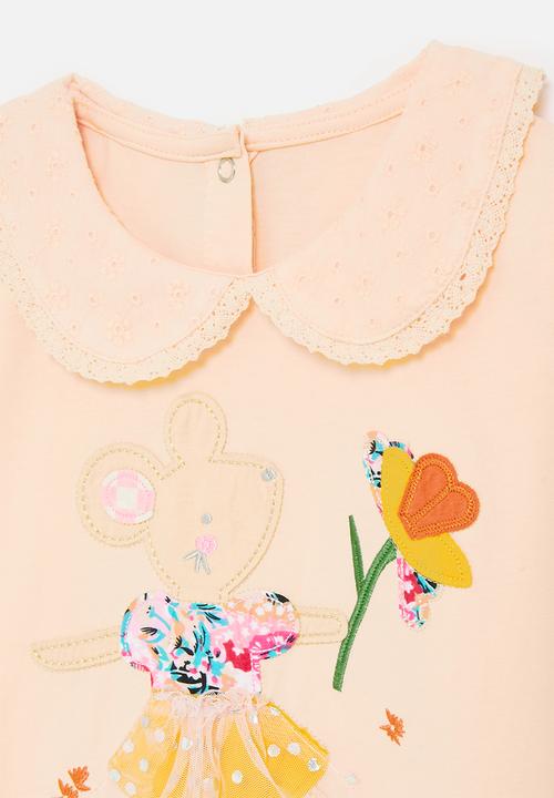 Pop Candy - Multi embroidered dancing mouse tee - pale apricot
