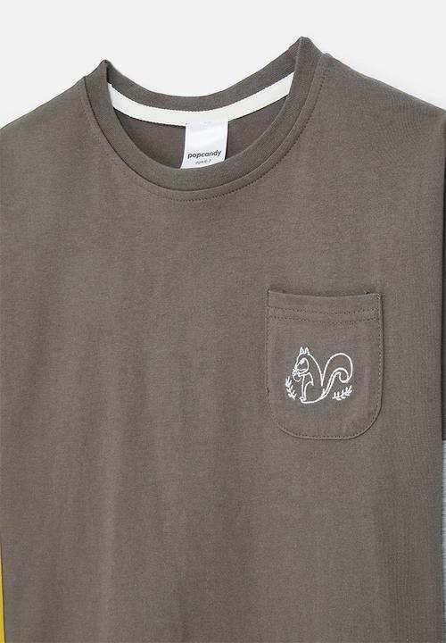 Pop Candy - Contrast sleeve twofer tee with pocket squirrel - grey brown