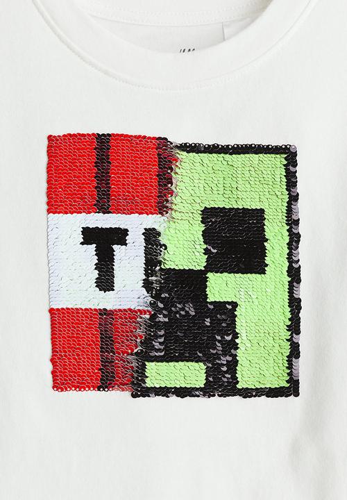 H&M - Reversible sequin t-shirt - white & minecraft