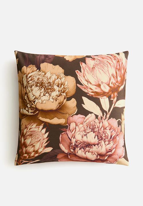 H&M - Patterned cushion cover - dark brown/floral 