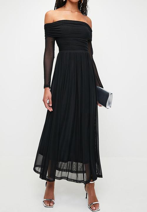 MILLA - Bardot mesh fit & flare maxi dress - Black
