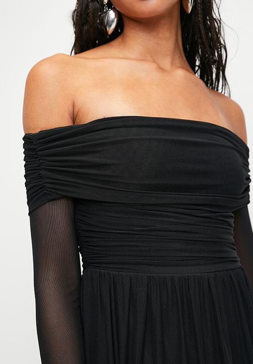 MILLA - Bardot mesh fit & flare maxi dress - Black