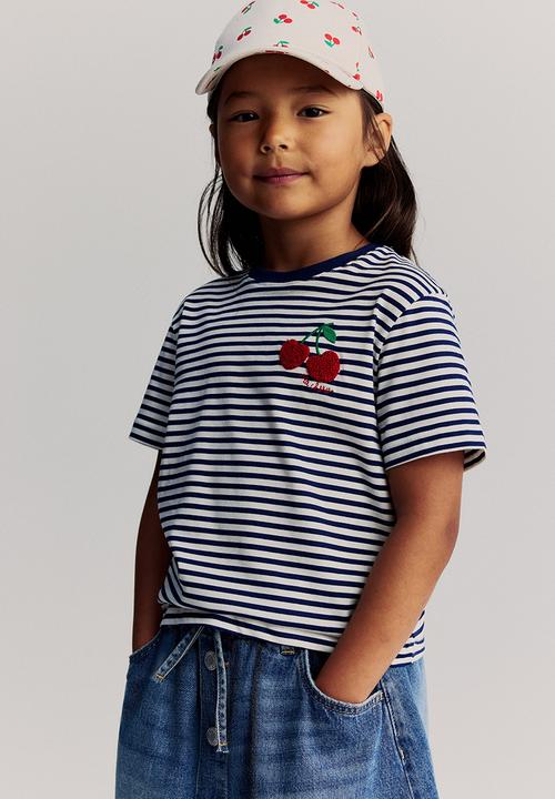Motif-detail t-shirt - white & blue striped