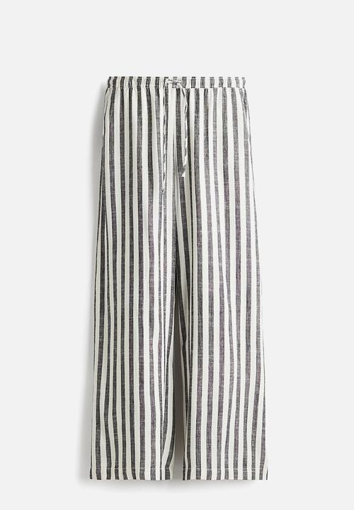 H&M - Linen-blend drawstring trousers - grey/striped