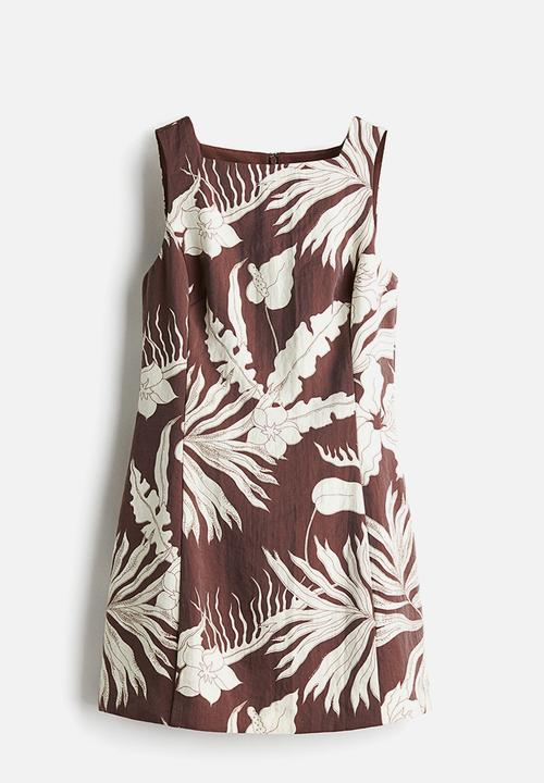 H&M - Square-neck twill dress - dark brown/floral