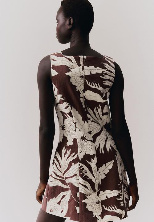 H&M - Square-neck twill dress - dark brown/floral