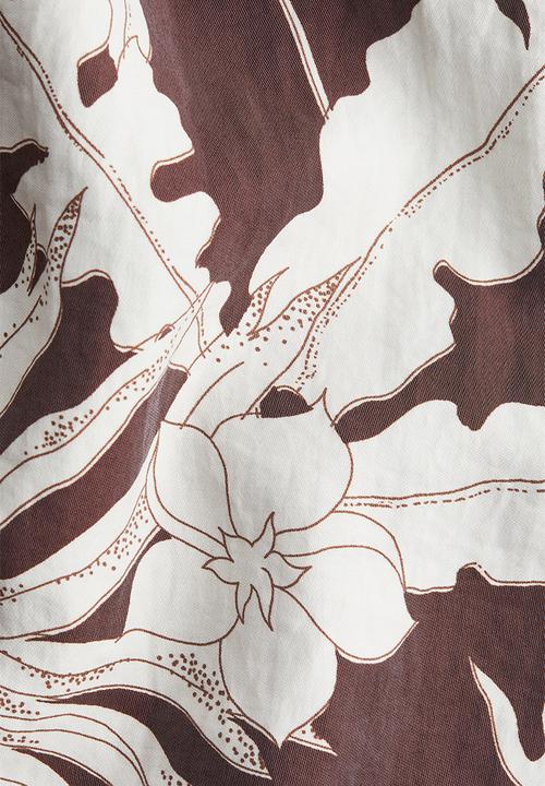 H&M - Square-neck twill dress - dark brown/floral