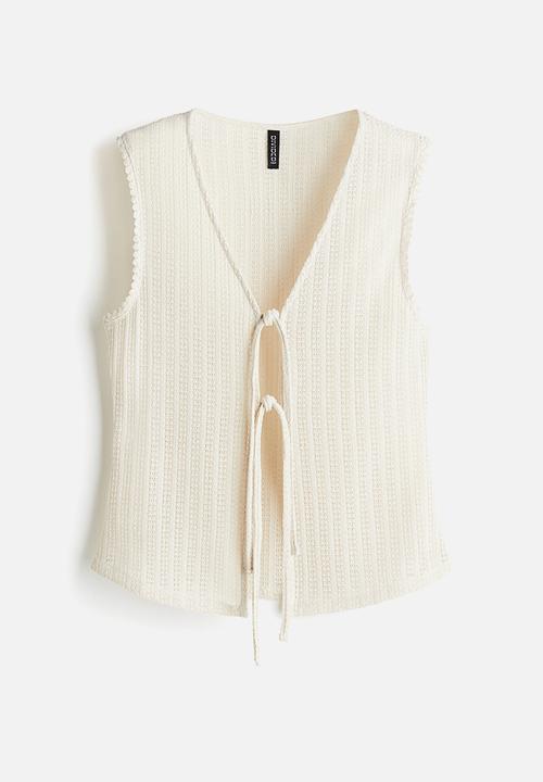 H&M - Knitted tie-front top - cream 