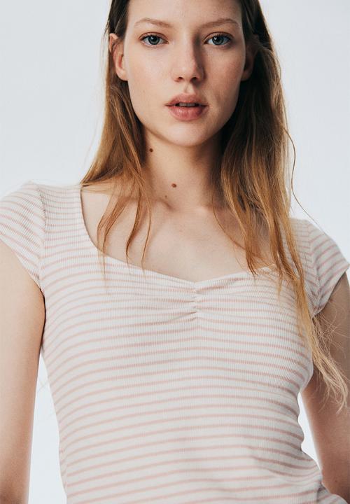 H&M - Ribbed t-shirt - peach pink striped