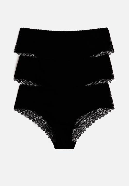 H&M - 3 pack cotton and lace hipster briefs - black