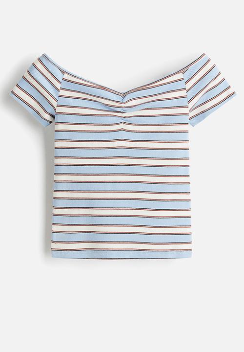 H&M - Ribbed boat-neck top - light blue striped