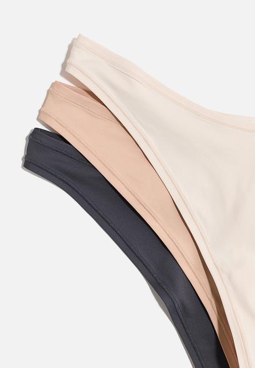 H&M - 3 pack microfibre thong briefs - dark grey & beige