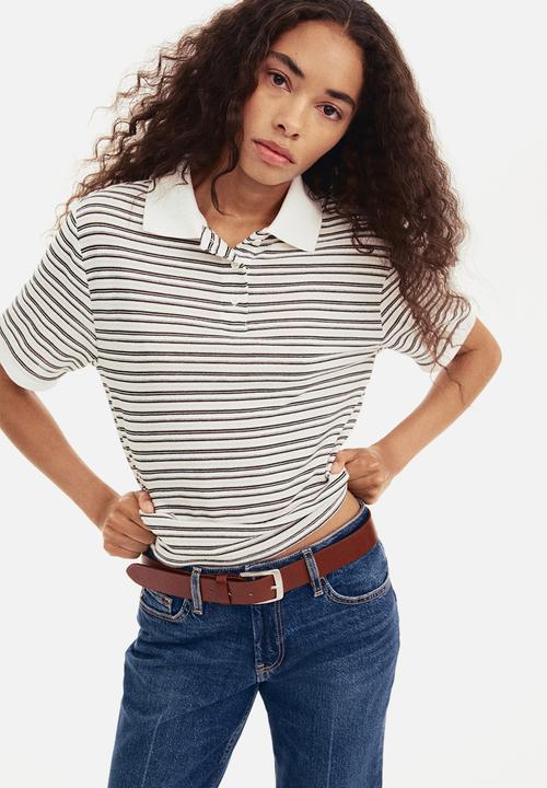 H&M - Fine-knit polo shirt - white striped 