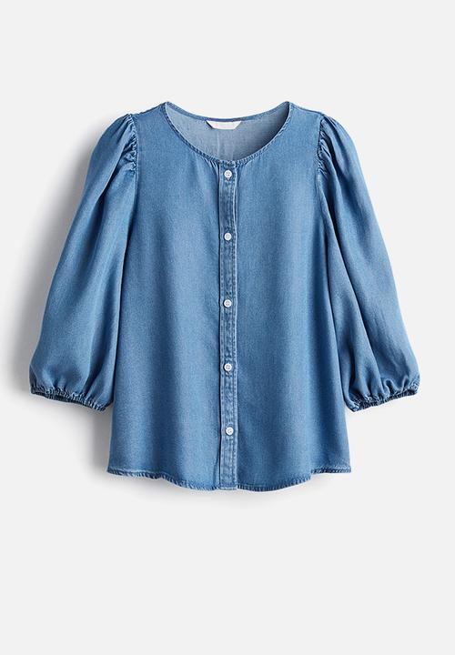 H&M - Balloon-sleeved denim blouse - denim blue