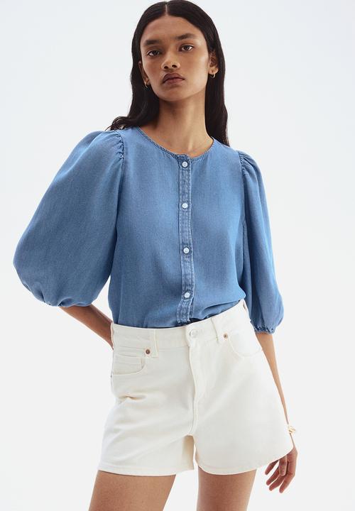 H&M - Balloon-sleeved denim blouse - denim blue