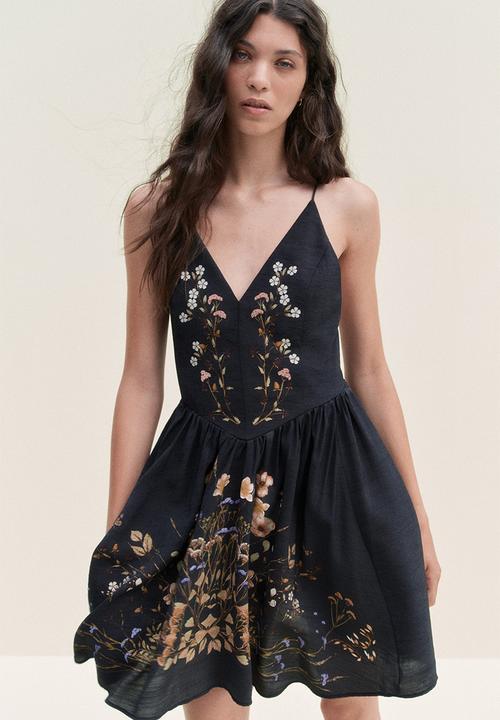 Flared-skirt dress - black/floral - 1299915001