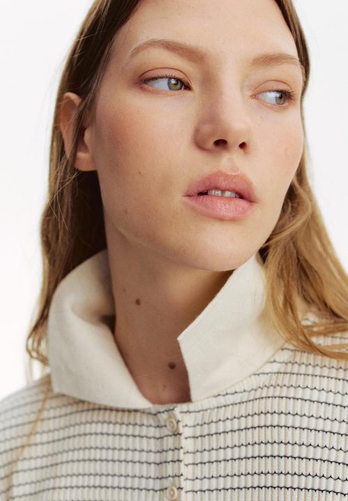 H&M - Rib-knit polo shirt - cream striped 