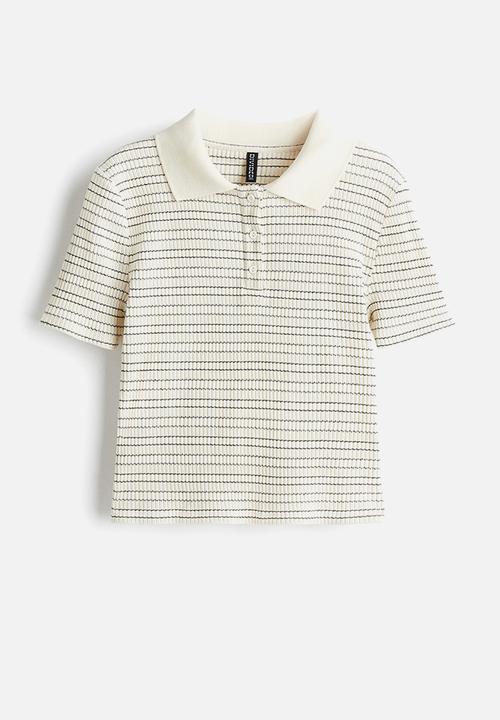 H&M - Rib-knit polo shirt - cream striped 