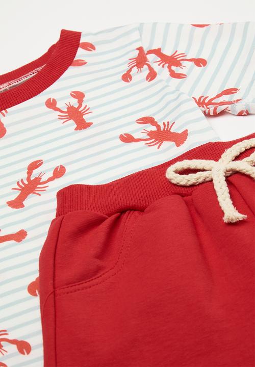 Pop Candy - Lobster all-over-print tee with plain shorts - baby blue stripe/red