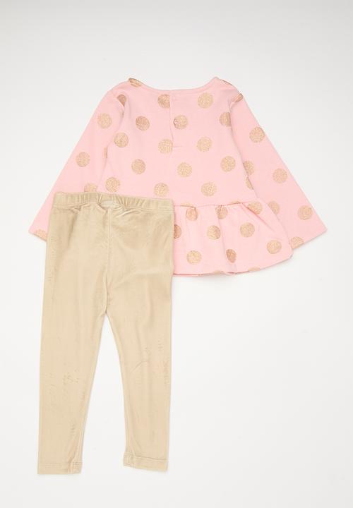 Pop Candy - Long sleeve peplum tee and legging set - pink/wheat/gold